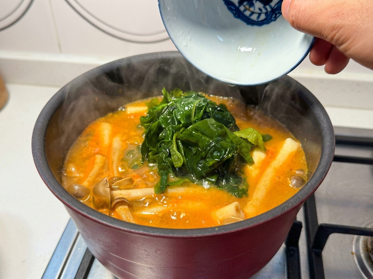 Une main versant le wakame réhydraté dans le bouillon frémissant aux champignons.