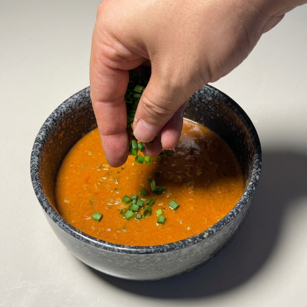 Bouillon orange épais versé dans un bol sombre et garni doignons verts.