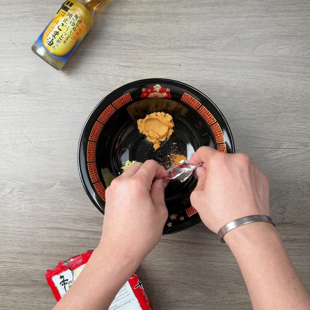 Une personne versant la poudre dassaisonnement rouge dun sachet de ramen dans un bol contenant de lail et du miso.