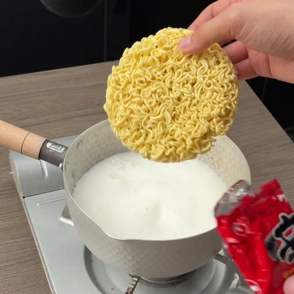 Une main déposant un bloc de nouilles instantanées sèches dans une casserole de bouillon au lait bouillonnant.
