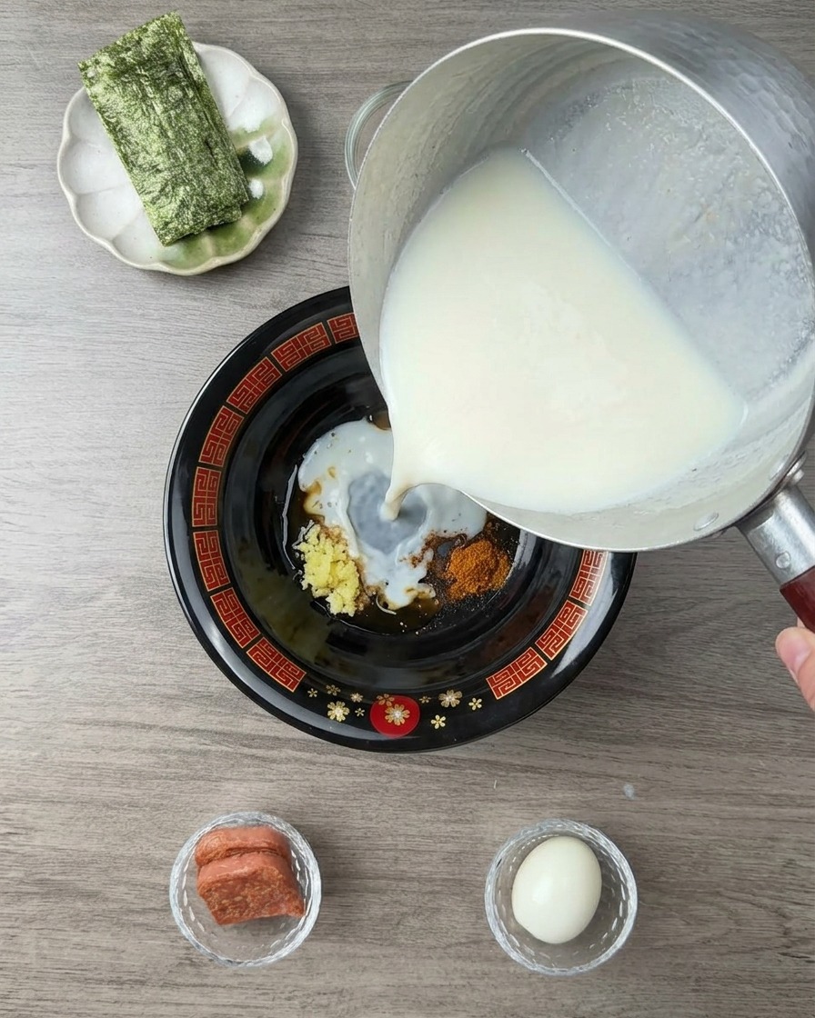 Bouillon chaud et crémeux versé dune casserole dans un bol de service sur les condiments.