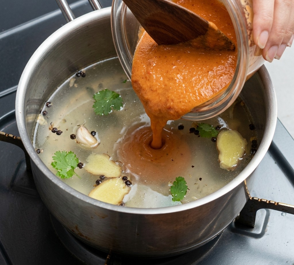 Mélange de miso et piment versé dans le bouillon frémissant.