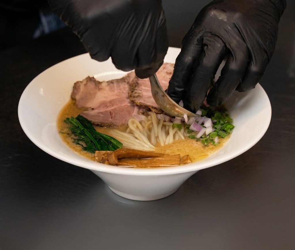 Dépôt doignons rouges finement coupés en dés dans le bol de ramen garni.