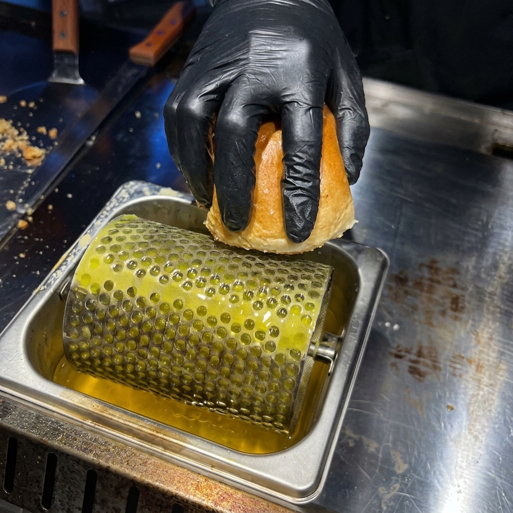 Une main gantée pressant un pain à burger sur un rouleau à beurre métallique dans un bac de beurre fondu.