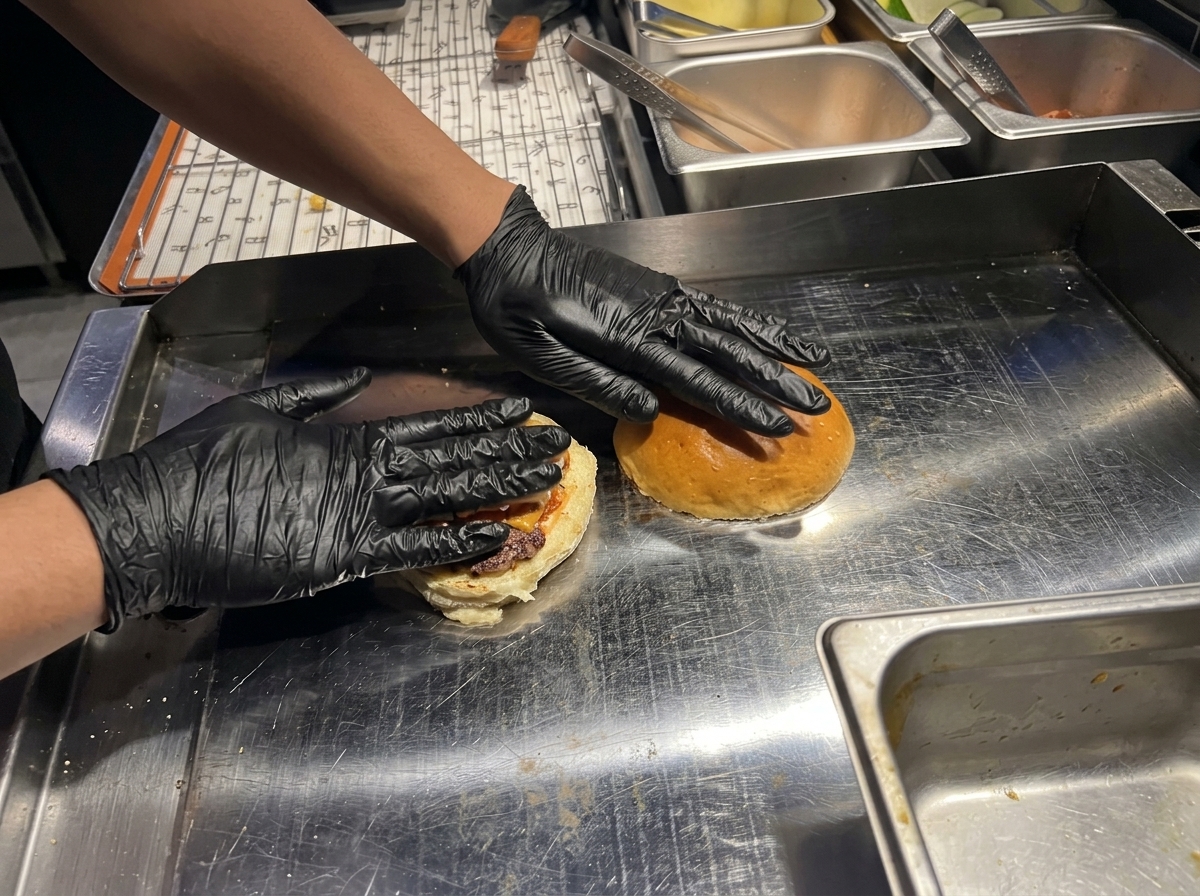Deux moitiés de pain beurrées pressées à plat sur une plaque chauffante pour être toastées.