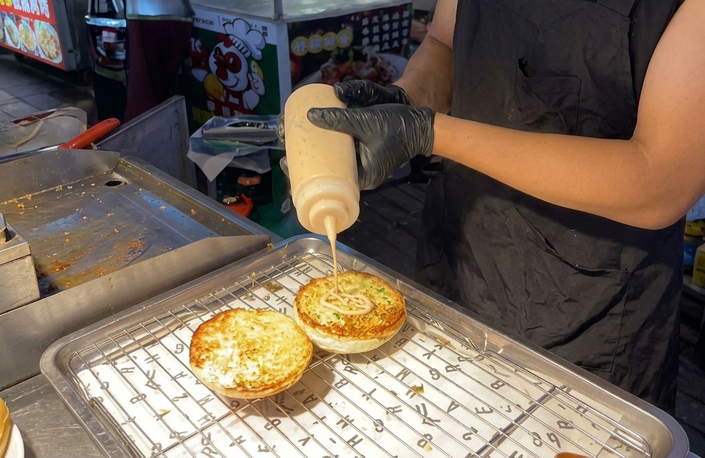 Verser une sauce burger orangée depuis une bouteille sur les faces intérieures toastées des deux moitiés de pain.