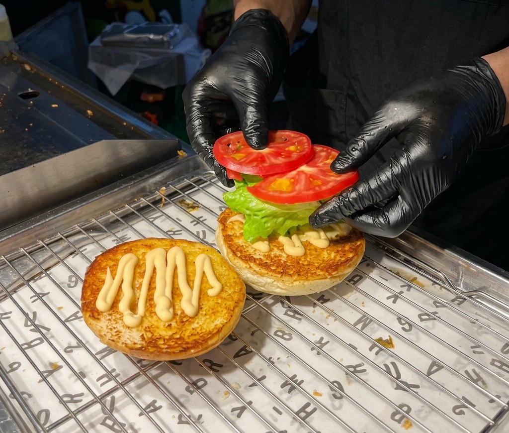 Mains gantées déposant deux tranches de tomate rouge sur de la laitue verte couvrant un pain toasté nappé de sauce.