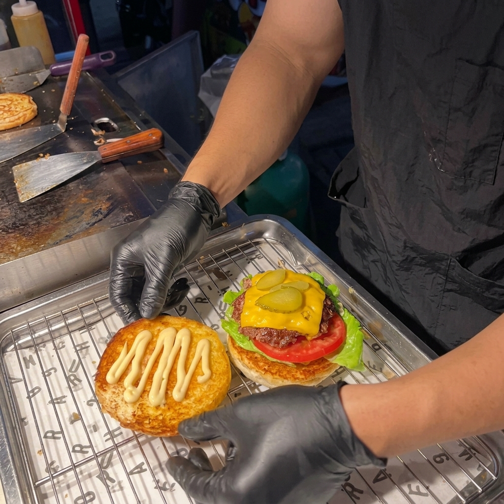 Des mains posant le haut du pain toasté sur un burger américain classique entièrement assemblé.
