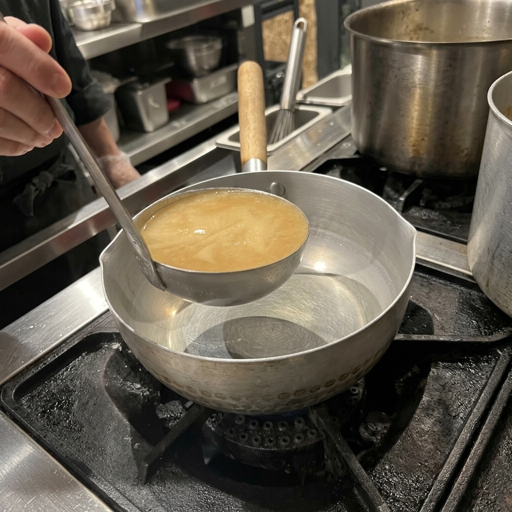 Une louche versant du bouillon de porc opaque dans une petite casserole en métal sur une cuisinière.