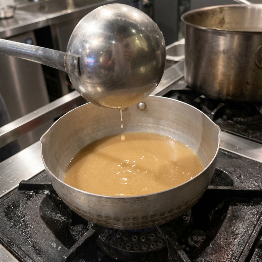 Une louche en métal versant un assaisonnement liquide foncé dans une casserole de bouillon.