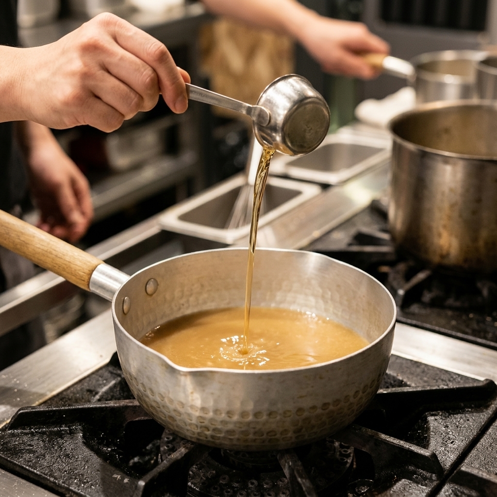 Une main versant un assaisonnement liquide foncé depuis un petit verre doseur en inox dans un bouillon frémissant.