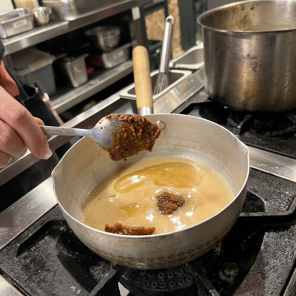 Une cuillère en métal contenant une portion de pâte miso brune épaisse au-dessus dune casserole de bouillon assaisonné.
