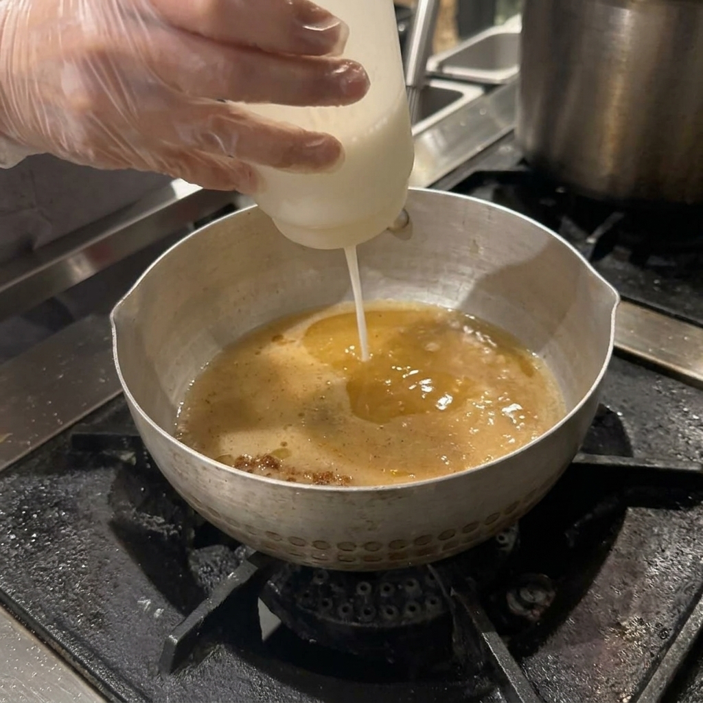Une main gantée pressant une émulsion liquide blanche dune bouteille en plastique dans une casserole de bouillon de ramen.