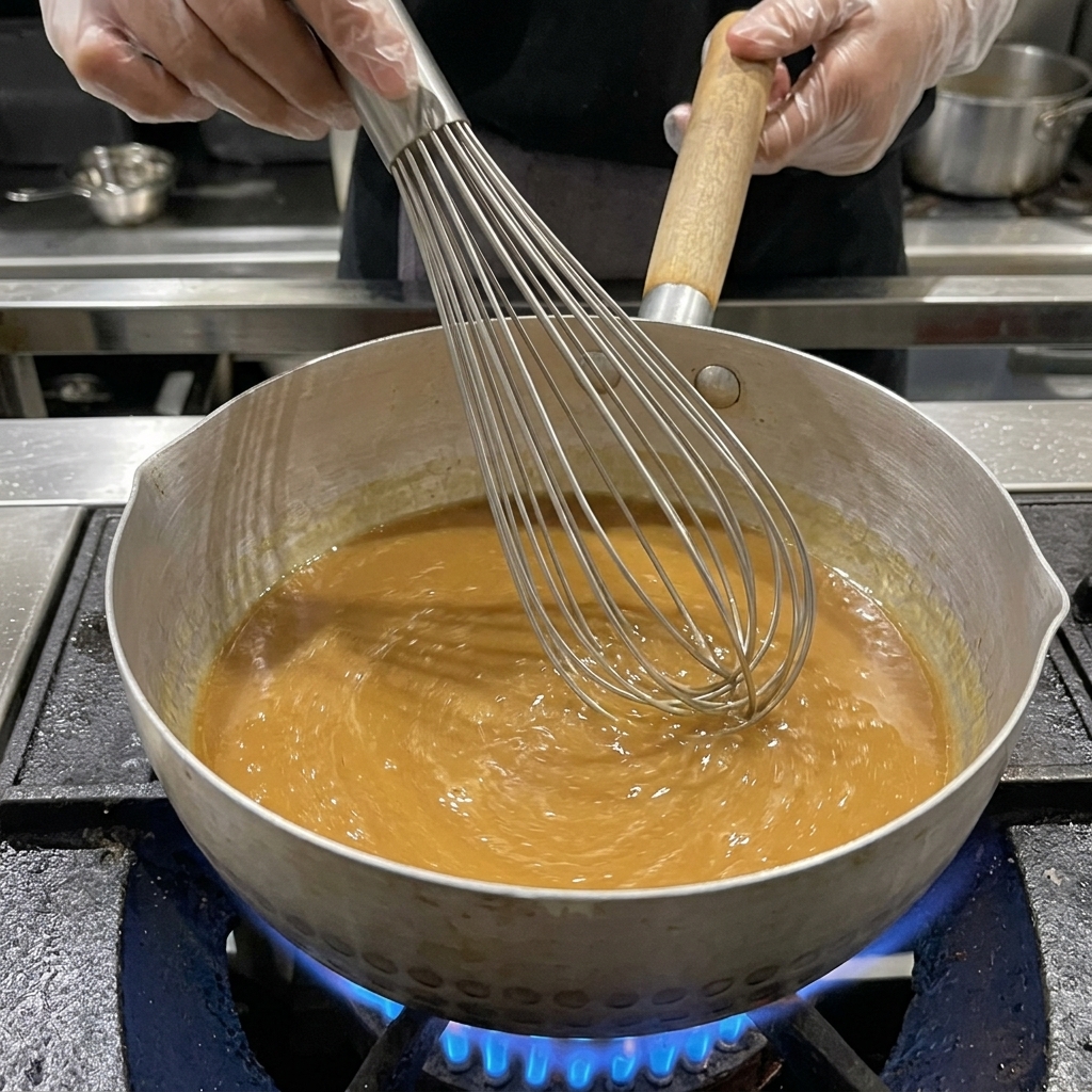 Un fouet en métal mélangeant vigoureusement un bouillon de miso brun dans une casserole sur un feu à gaz.