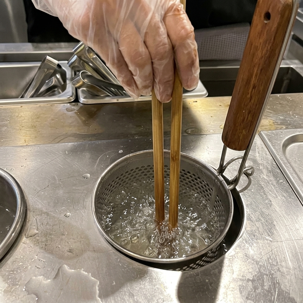 Des baguettes en bois séparant des nouilles ramen fines dans un panier de cuisson immergé dans de leau bouillante.