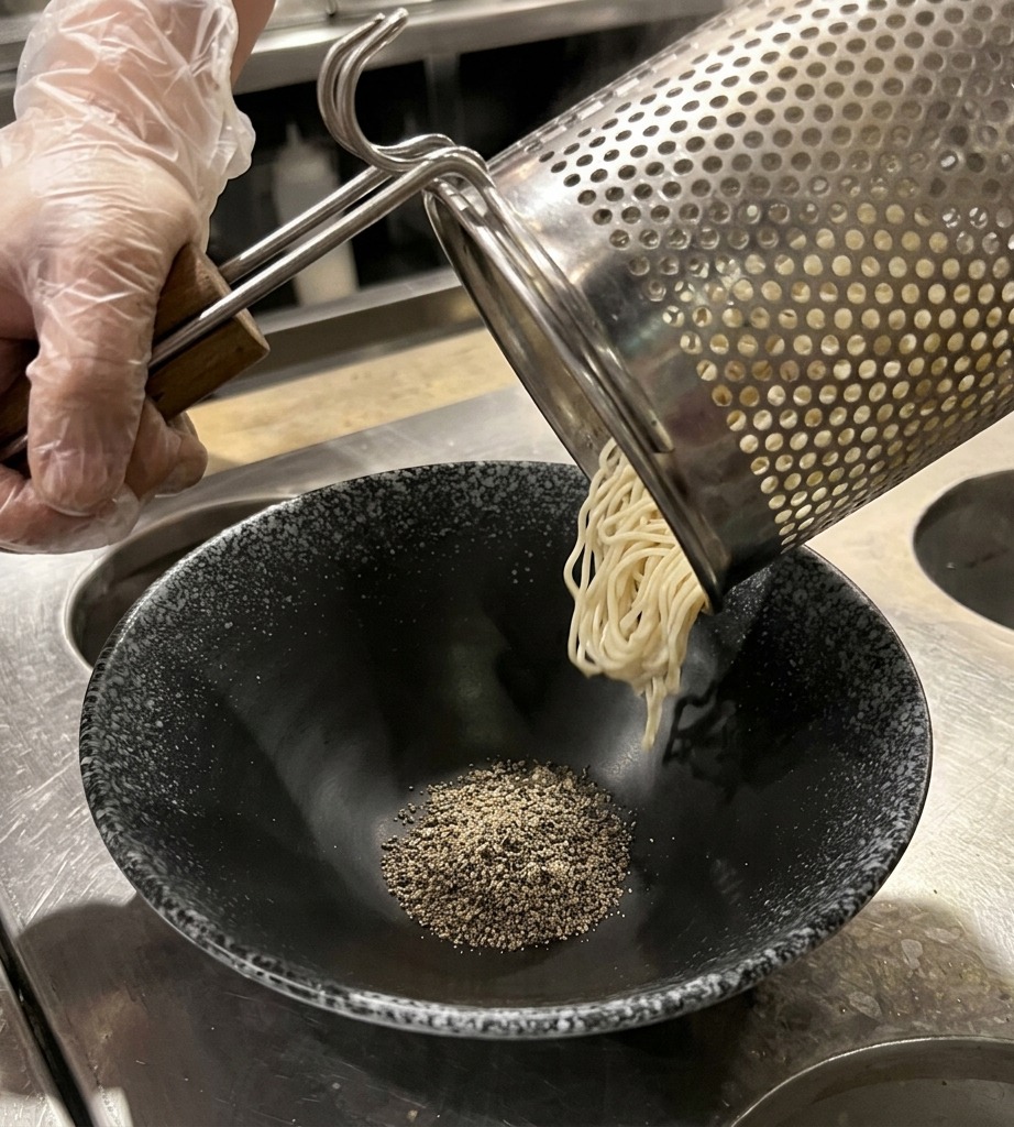 Une main gantée tenant une passoire à nouilles, versant les ramen cuits dans un bol en céramique noire.