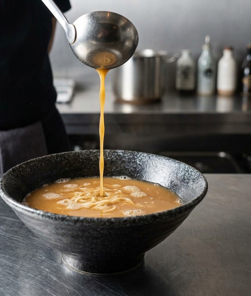 Une louche en métal versant un bouillon de miso fumant sur des nouilles ramen dans un bol en céramique sombre.