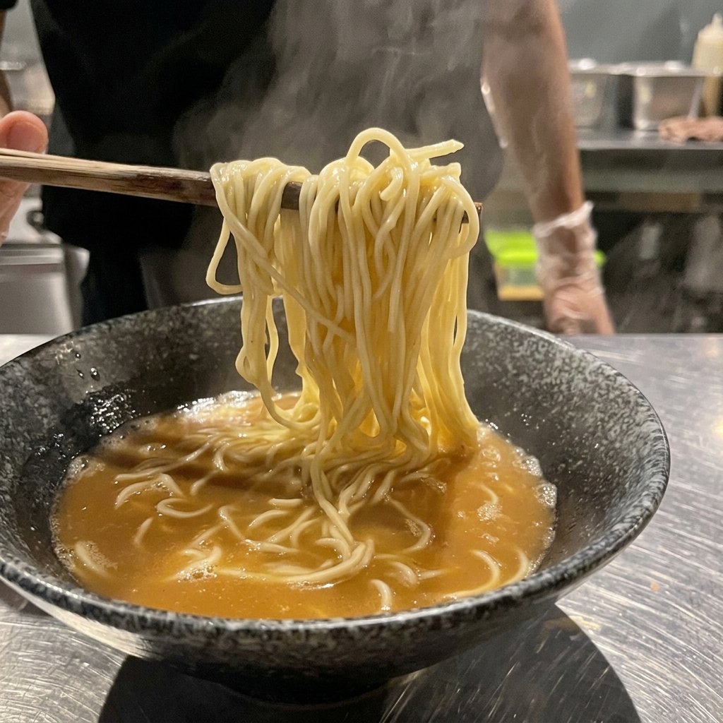 Des baguettes en bois soulevant et pliant des nouilles ramen à lintérieur dun bol de bouillon fumant.