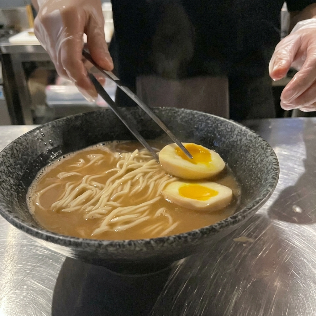 Une pince en métal déposant délicatement un demi-œuf mollet au jaune orangé fondant dans un bol de ramen au miso.