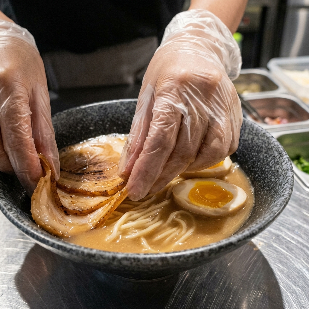 Des mains avec des gants en plastique disposant des tranches de porc chashu dans un bol de ramen japonais.