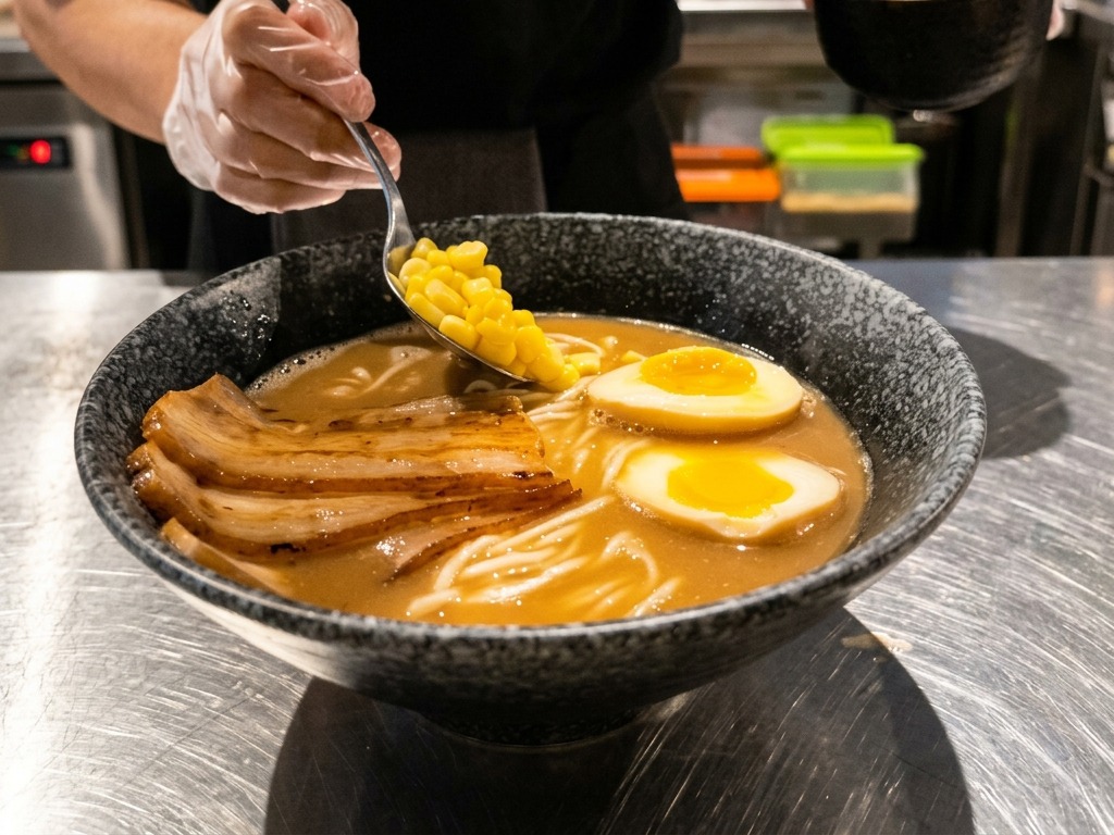 Une cuillère ajoutant des grains de maïs jaune vif dans un bol de ramen au miso fumant.