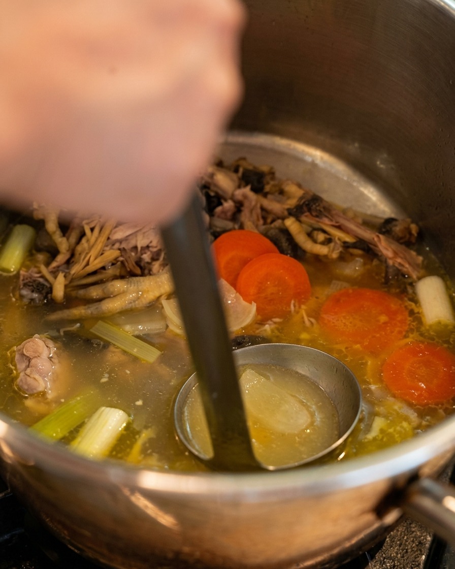 Une louche en métal puisant un bouillon de poulet clair et doré dans une grande marmite remplie de morceaux de poulet et de carottes tranchées.