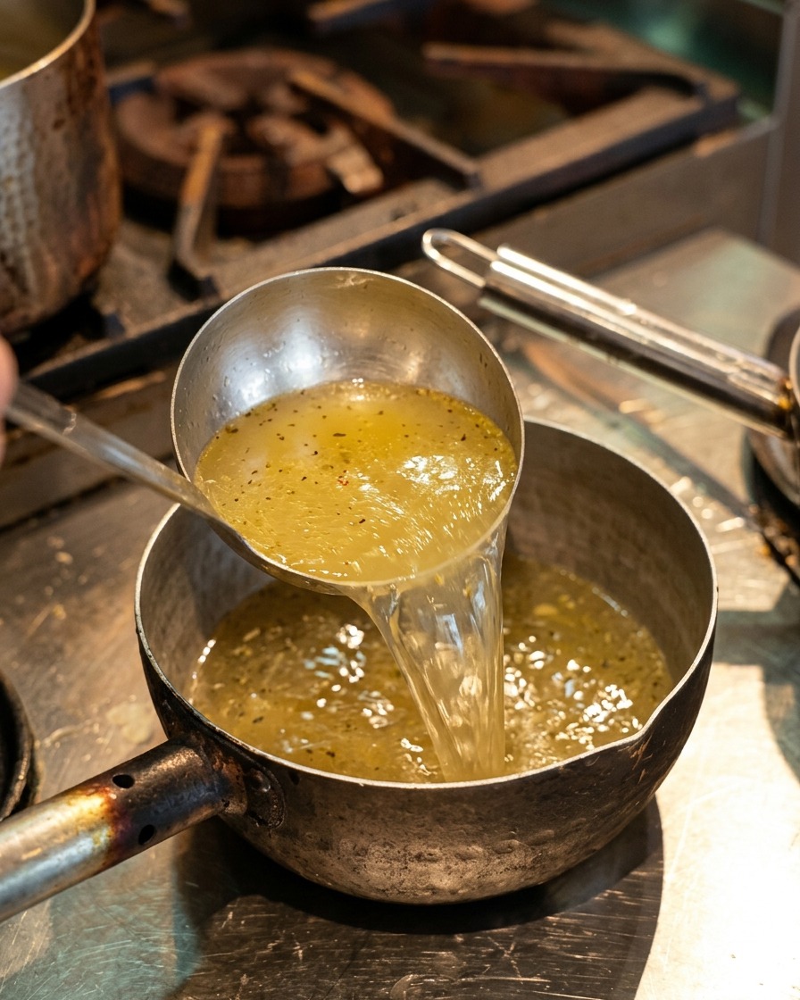 Versement dun bouillon de poulet jaune clair depuis une louche dans une petite casserole sur une cuisinière.