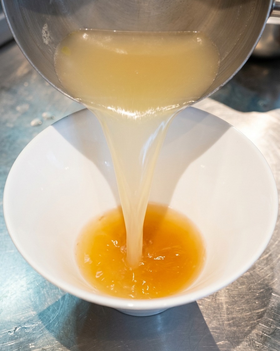 Bouillon de poulet clair et fumant versé dune casserole dans un bol blanc, se mélangeant à la tare dorée au fond.