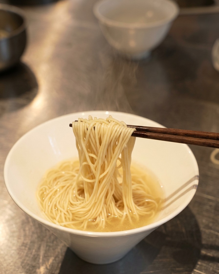 Une paire de baguettes soulevant un nid de nouilles ramen fines dans un bol blanc rempli de bouillon clair pour les plier proprement.