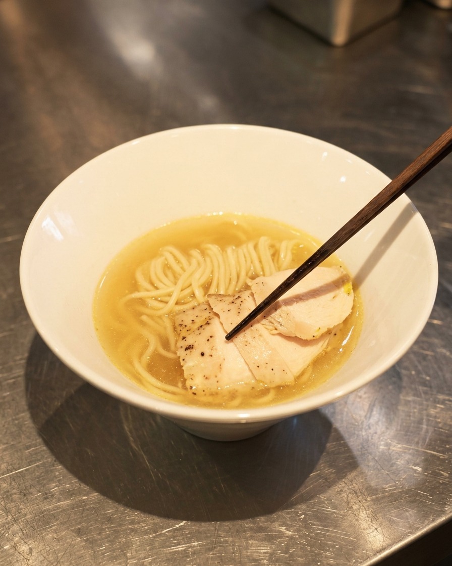 Des baguettes déposant de fines tranches de chashu de poulet tendre sur un lit de nouilles ramen immergées dans une soupe ambrée claire.