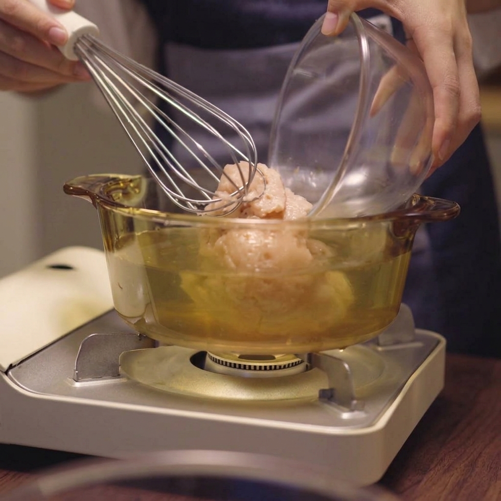 Une main utilisant un fouet pour mélanger le blanc de poulet haché dans le liquide froid.