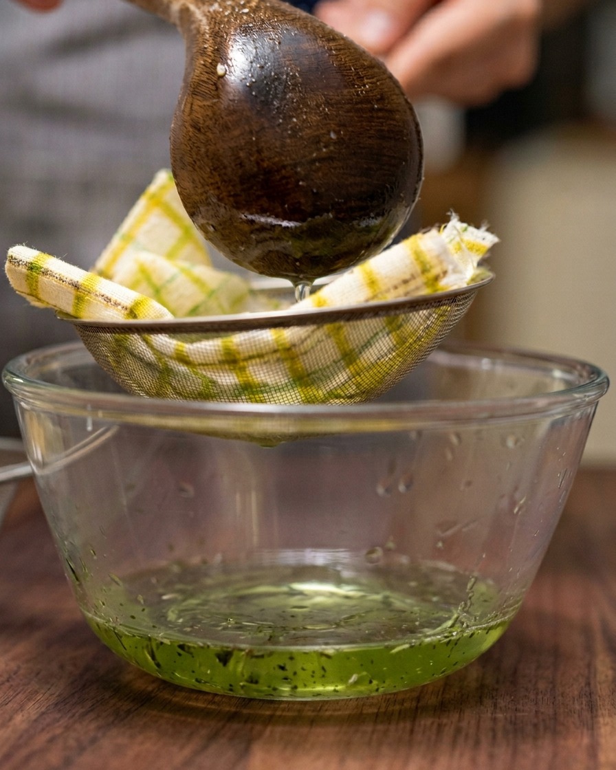 Un bouillon doré filtré à travers un tamis tapissé dun linge vers un bol en verre.