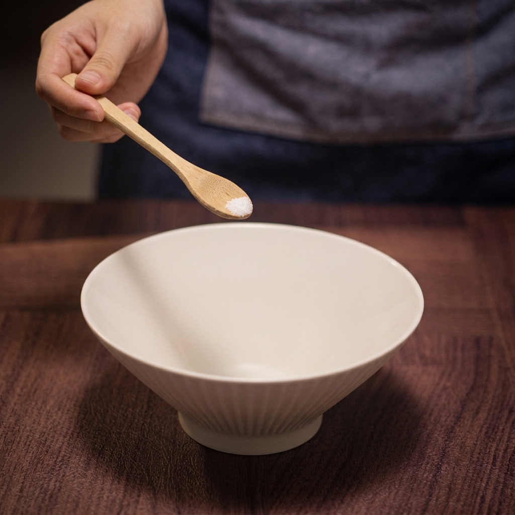 Une petite cuillère en bois versant du sel de mer dans un bol à ramen en céramique blanche.