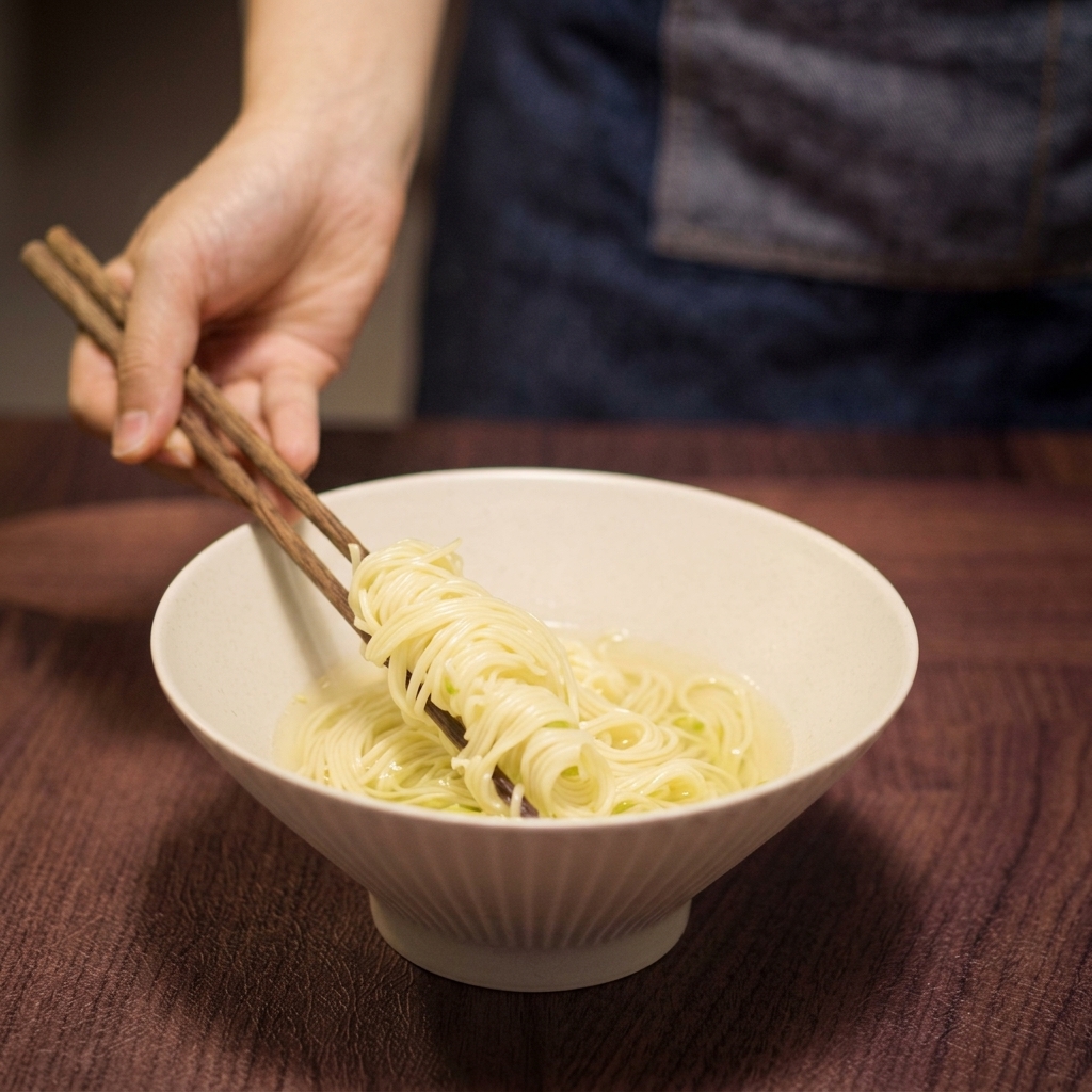 Des baguettes en bois déposant des nouilles ramen jaunes dans un bol de soupe claire.