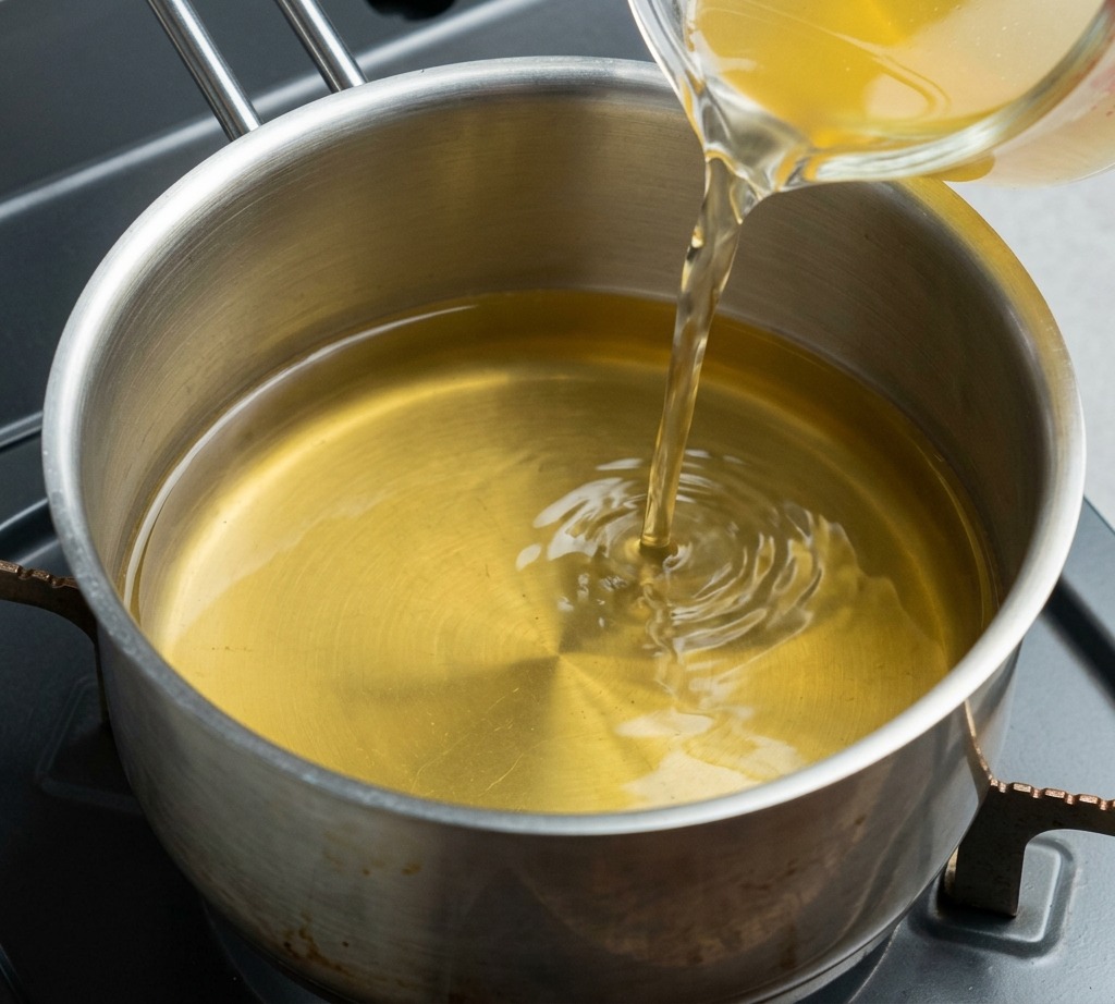 Bouillon de poulet versé dun pichet doseur dans une casserole en inox propre.