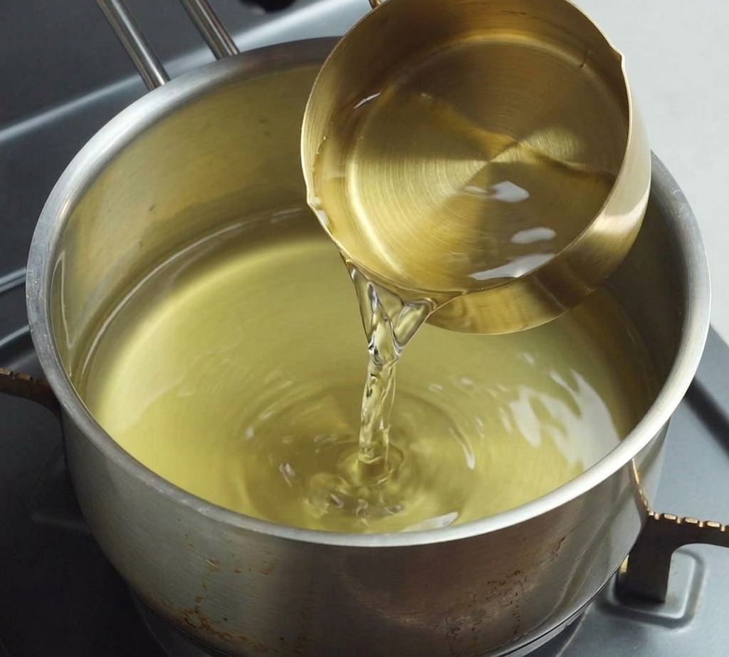 Eau claire versée dans la casserole contenant déjà le bouillon de poulet doré.