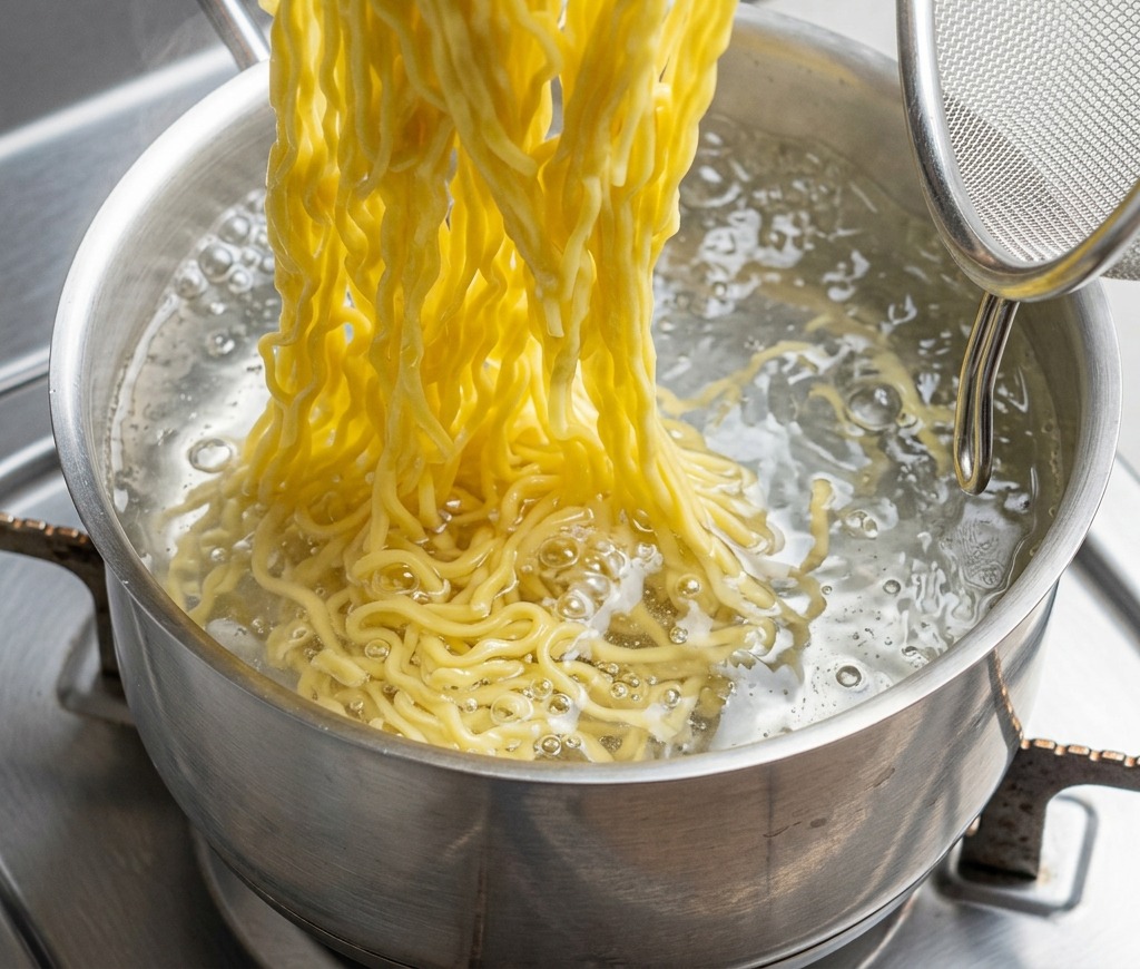 Nouilles ramen soulevées hors de leau avec une passoire à mailles fines et vapeur montante.