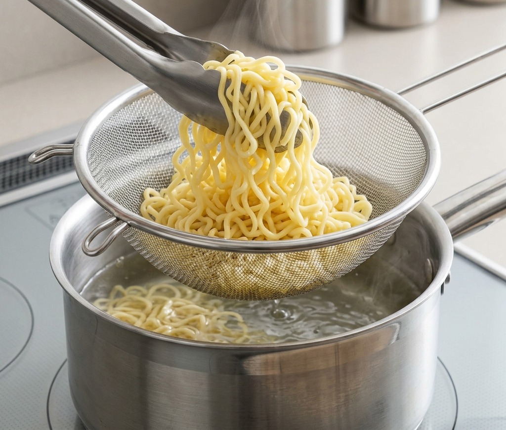 Passoire secouée au-dessus de la casserole pour éliminer les dernières gouttes deau.