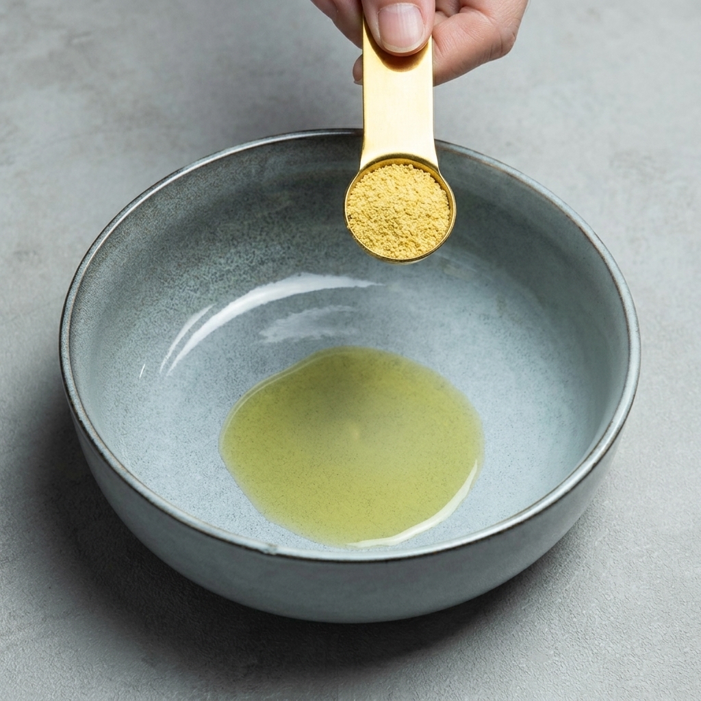 Poudre de bouillon de poulet ajoutée dans le bol avec lhuile de sésame.