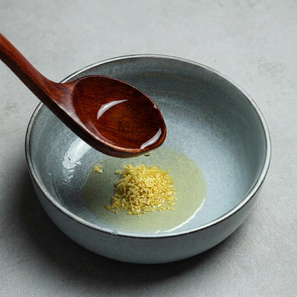 Bouillon de poulet clair versé à la louche dans le bol de ramen assaisonné.