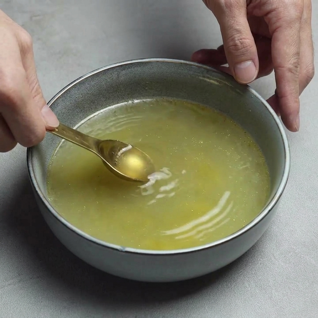 Personne mélangeant le bouillon doré dans un bol bleu pour combiner les saveurs.