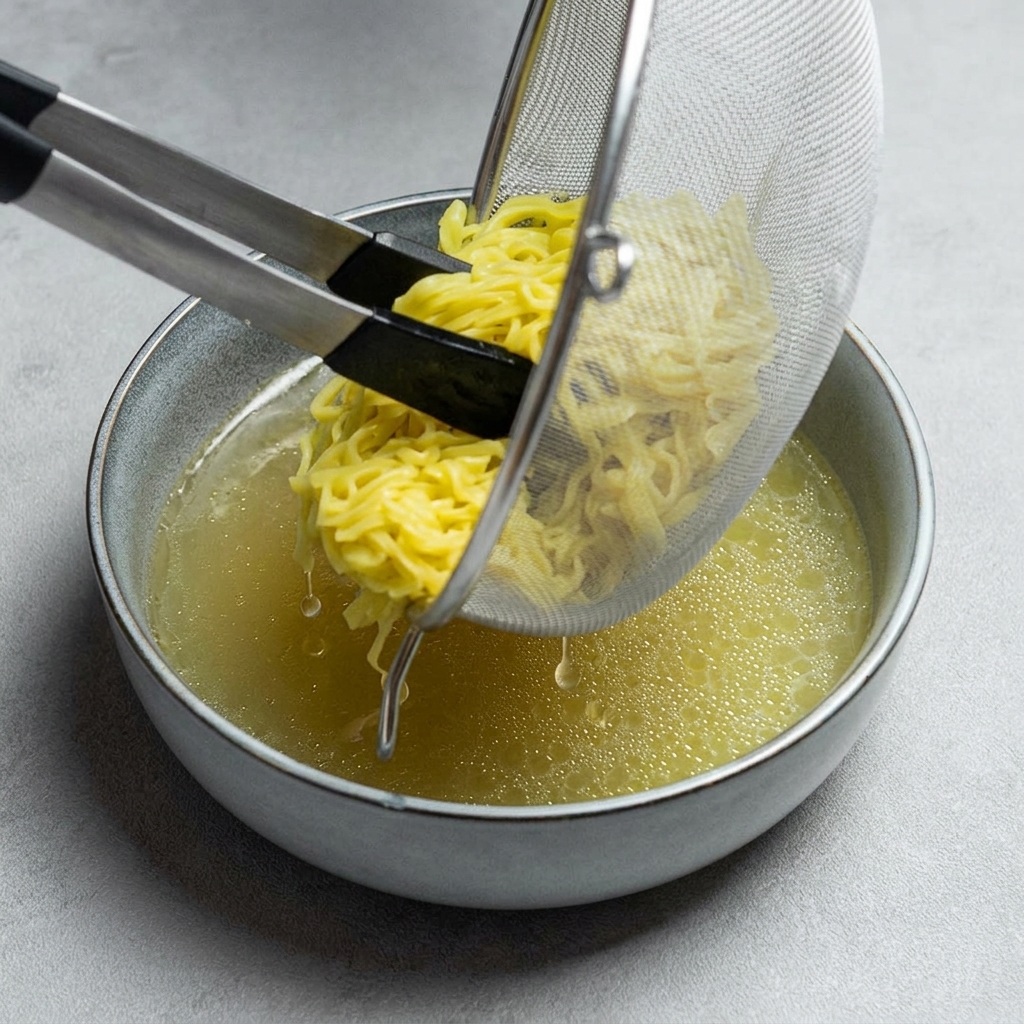 Nouilles ramen déposées avec des pinces dans le bol de bouillon clair et doré.