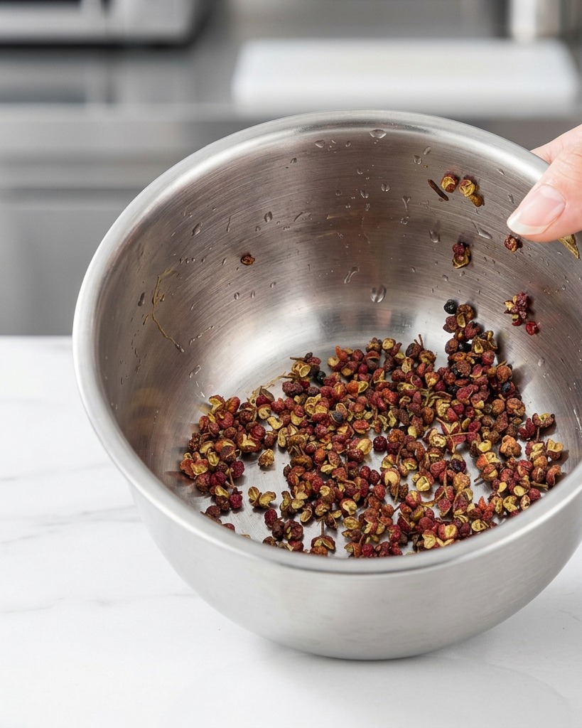 Une poignée de grains de poivre de Sichuan et dépices séchées dans un petit bol de préparation en inox.
