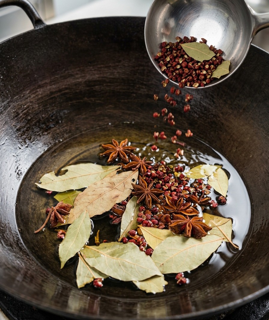 Épices entières versées depuis une louche dans une huile chaude miroitante au fond dun wok en acier carbone.