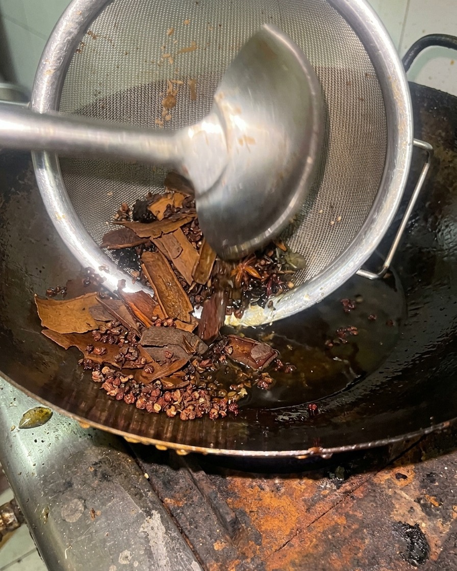 Une passoire métallique retirant les bâtons de cannelle, lanis et le poivre dun wok rempli dhuile infusée.