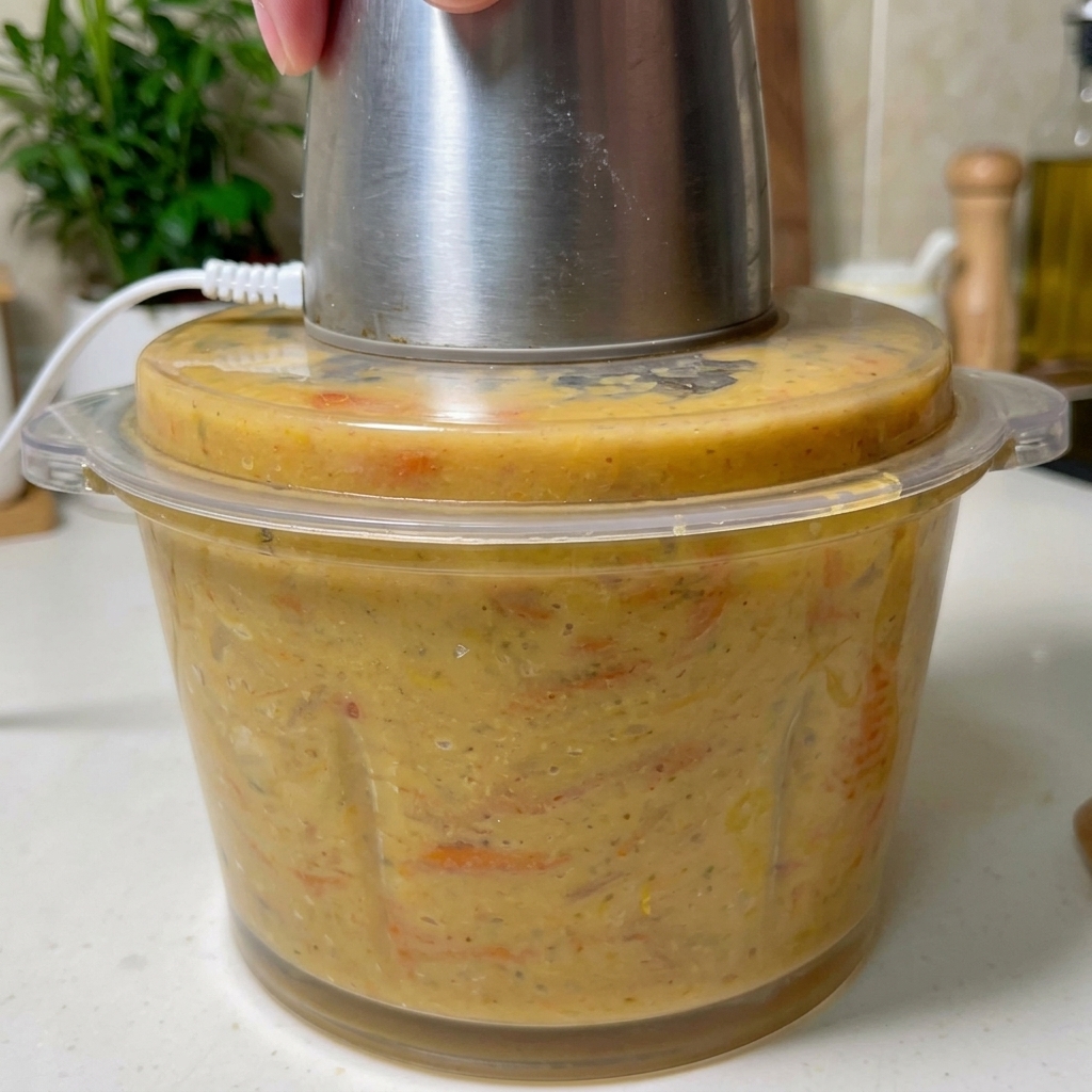Mélangeur plongeant mixant une préparation épaisse et orangée de carapaces de crevettes et de bouillon.