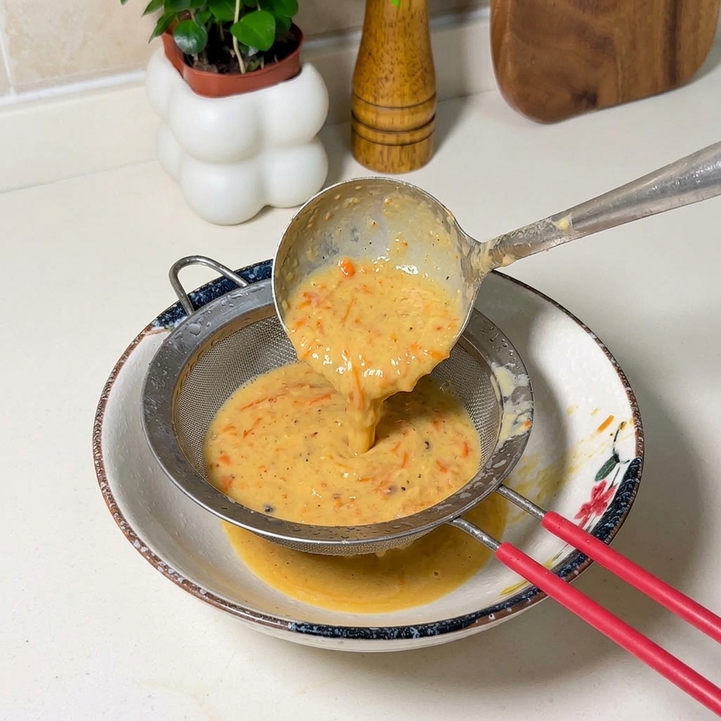 Bouillon de crevettes orange épais versé à travers un tamis métallique dans un bol en céramique.