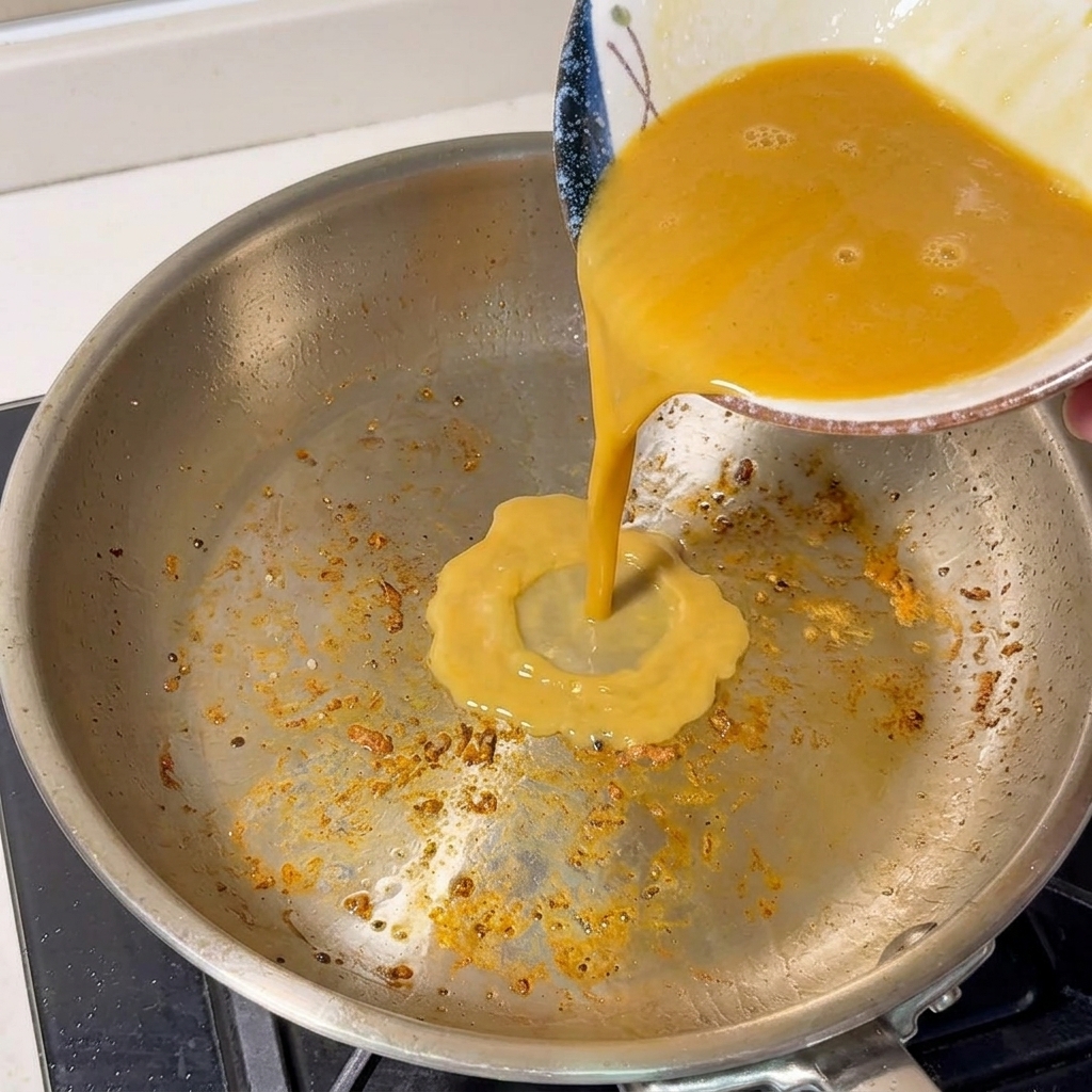Bouillon de crevettes concentré orange versé dun bol vers une casserole propre sur la cuisinière.