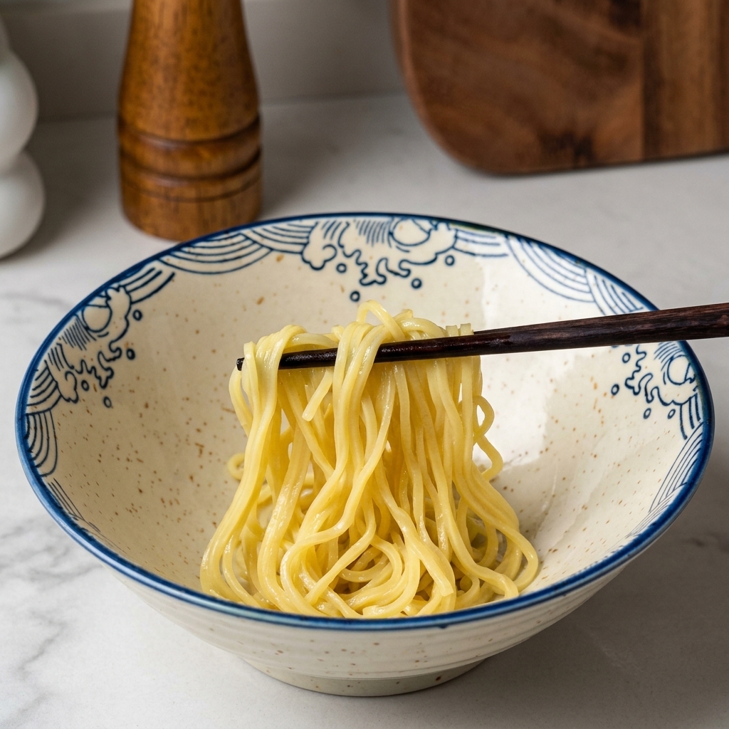 Nouilles ramen jaunes soulevées avec des baguettes et placées dans un bol bleu et blanc.
