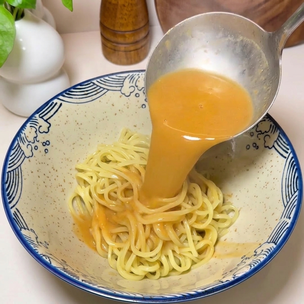 Louche versant un bouillon de crevette orange riche sur un nid de nouilles ramen dans un bol décoré.